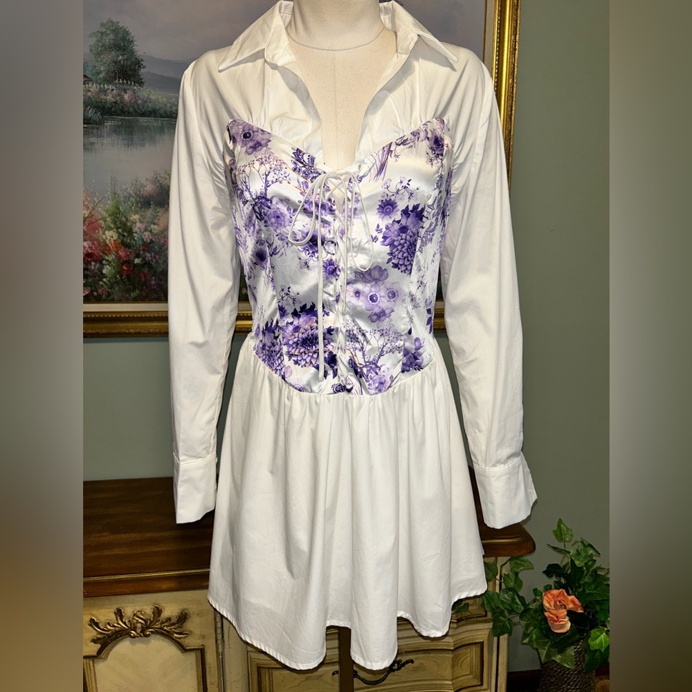 Shein White Purple Lilac Floral Asian Pagoda Satin Lace Up Corset Bust Dress